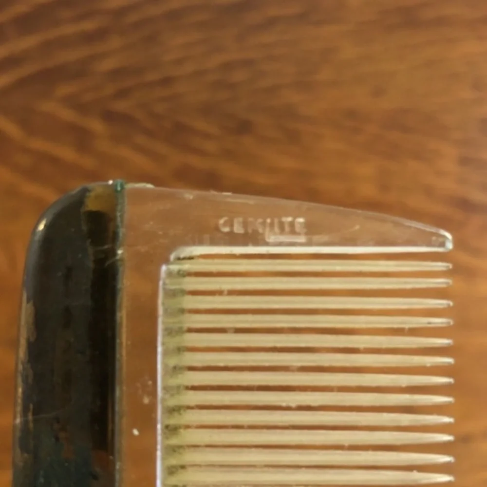 Vintage Handheld Tarnished Mirror GemLite Gold Toned Comb Art Deco Cosplay